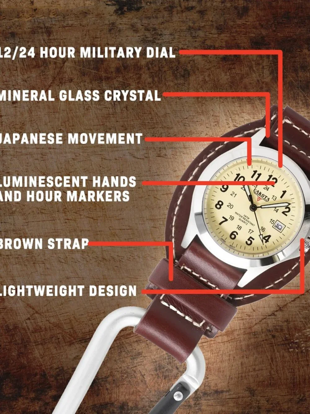 Dakota Leather Clip Watch, Military Dial, Waterproof - Brown